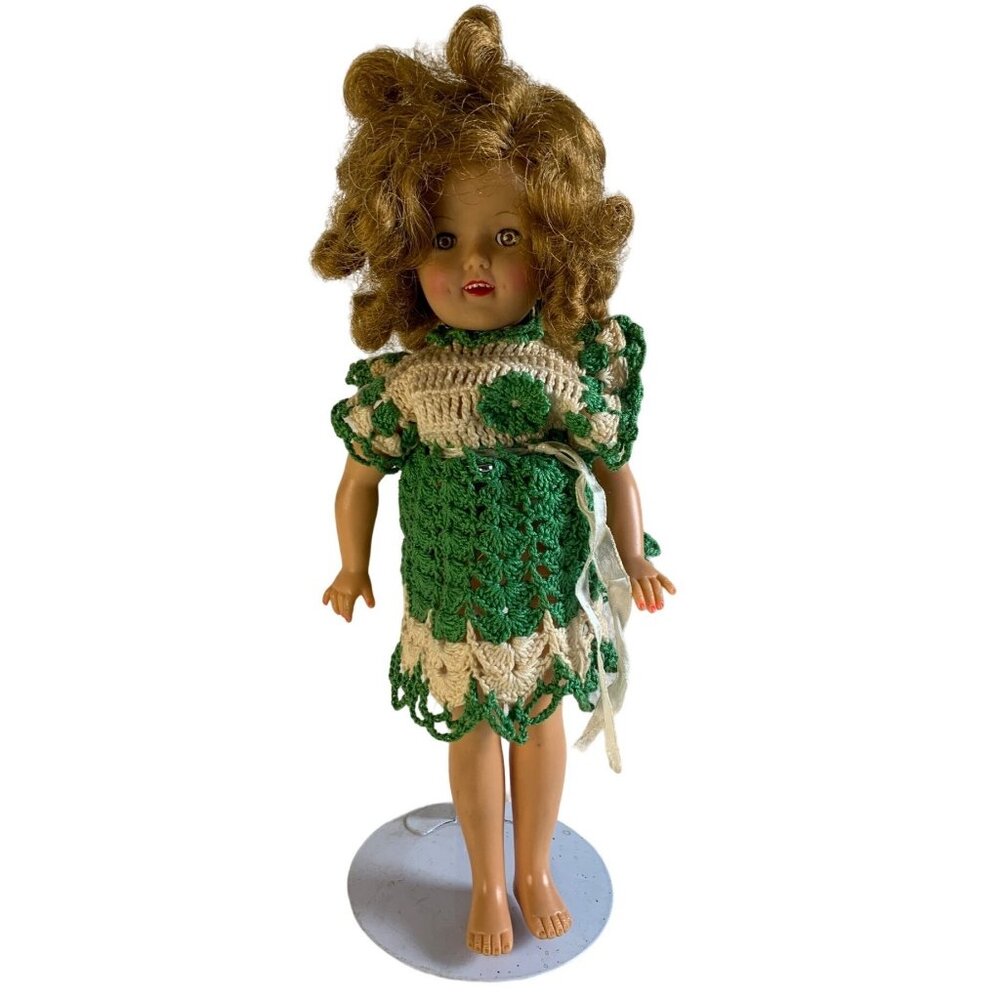Vintage Shirley Temple Doll Blonde Hair 14" Hand-Crocheted Green & Ivory Dress C